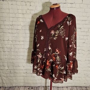 Le Chateau Burgundy Floral Blouse